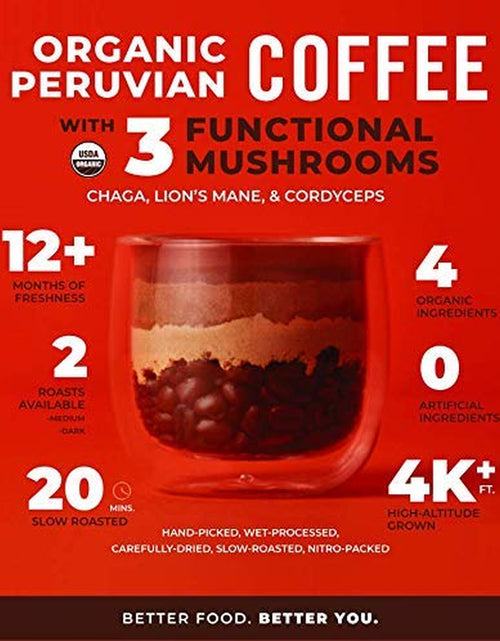 Load image into Gallery viewer, Peruvian Medium Roast Coffee with Functional Mushrooms, Certified Organic Peruvian Ground Coffee Beans, Gluten-Free, Dairy-Free, Non-Gmo, Paleo, Keto Friendly, 12 Oz. Bag
