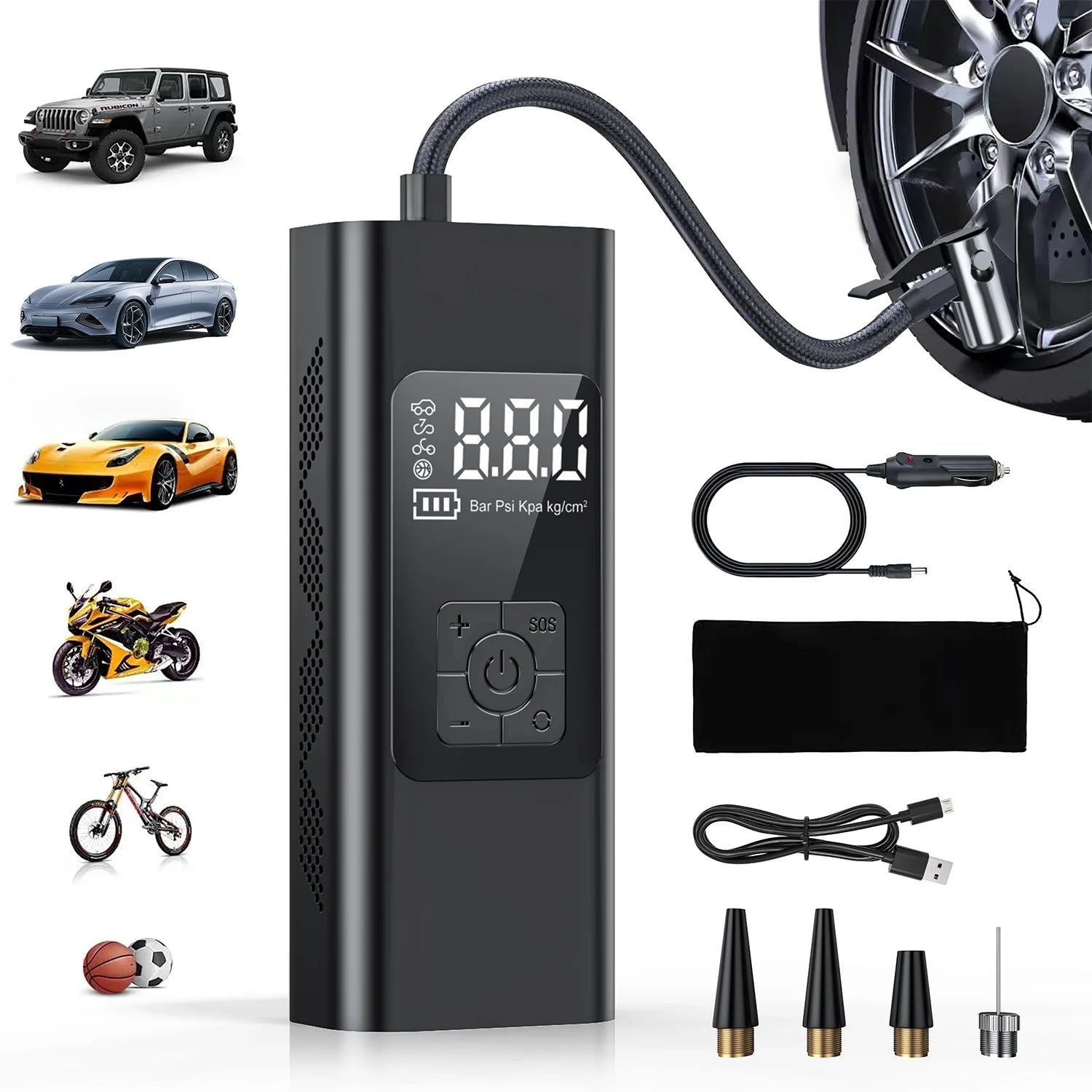 Tire Inflator, Portable 150 PSI Air Compressor Bicycle Pump with Digital Pressure Gauge, Cordless Rechargeable Tire Pump with LED Light, Mini Electric Air Pump for Car Bike Motorcycle Ball